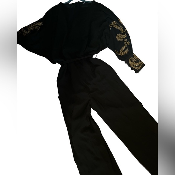 Black Silk Chiffon Jumpsuit with Gold Beaded Batwing Sleeves | Esé Azénabor - Picture 4 of 9